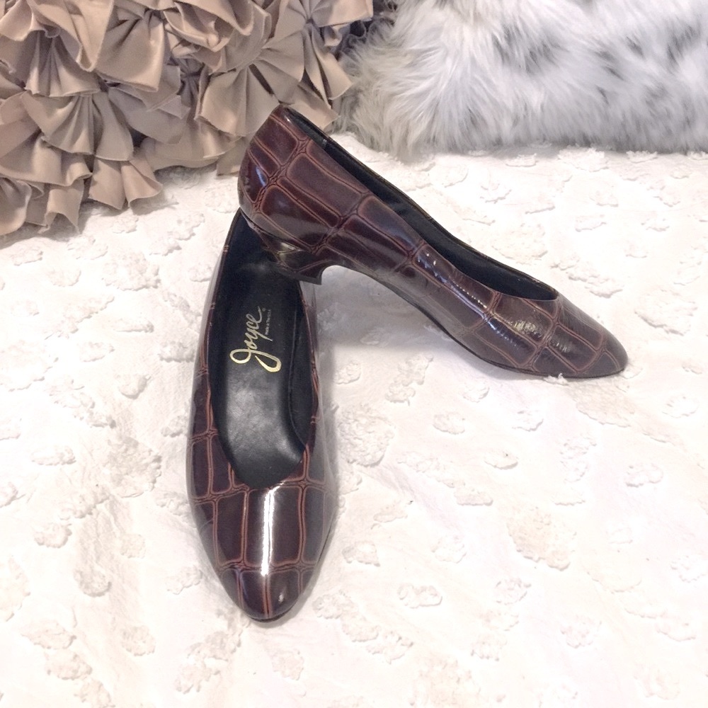 Vintage Women’s Joyce Brown Leather Croc Embossed Low Heeled Pumps 8